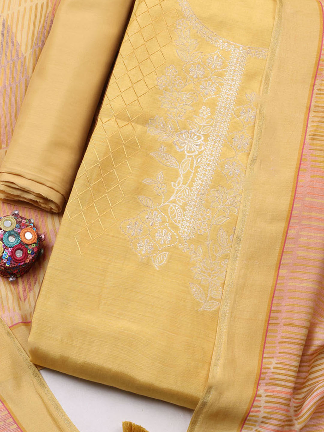 Embroidered Art Silk Unstitched Suit With Pant &amp; Dupatta