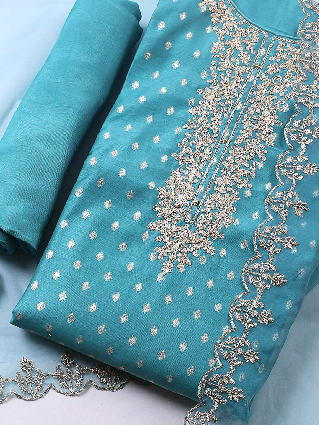 Embroidered Chanderi Unstitched Suit With Pant &amp; Dupatta