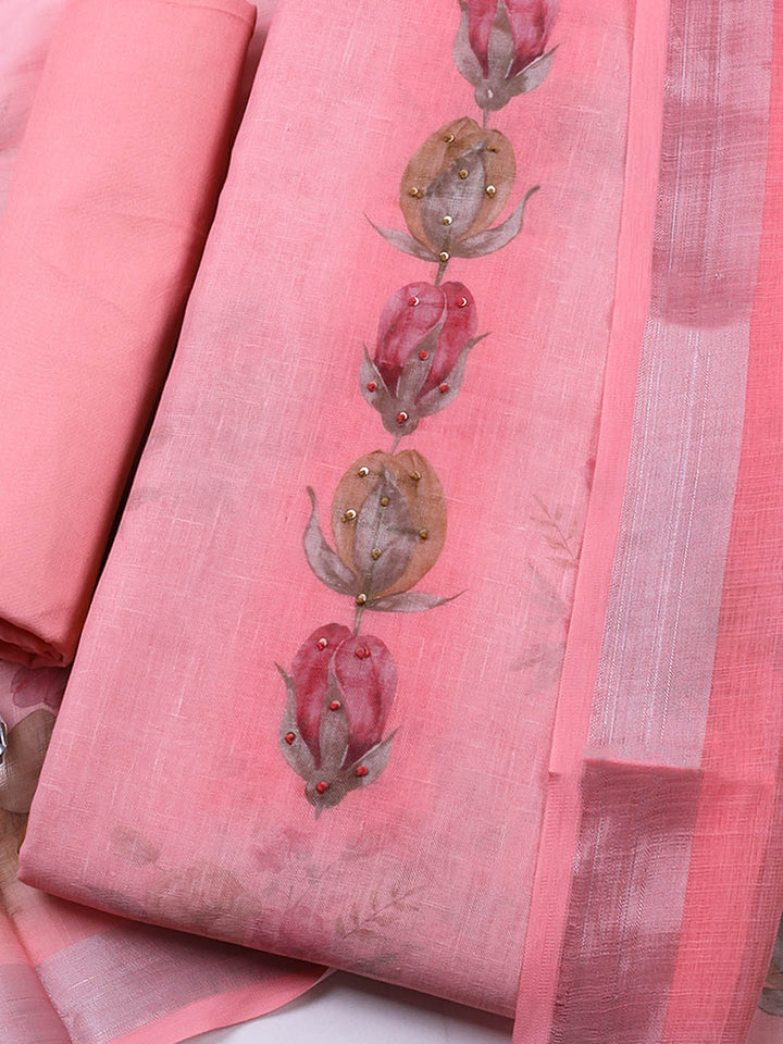 Embroidered Linen Blend Unstitched Suit With Pant &amp; Dupatta