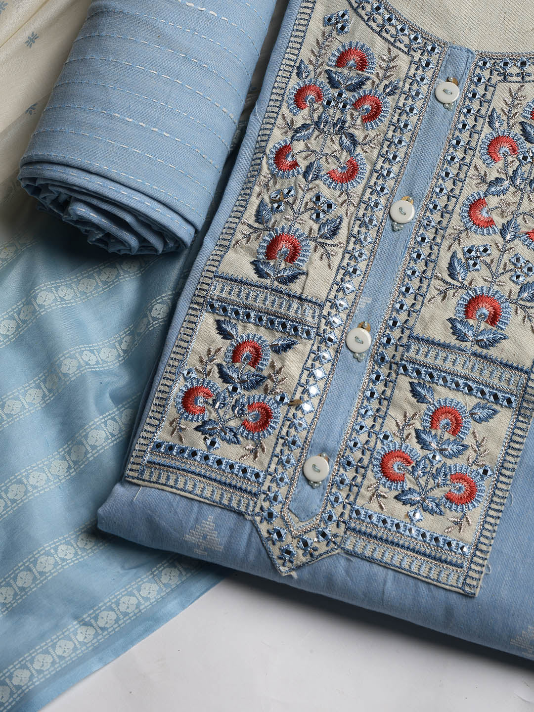 Neck Embroidered Cotton Blend Unstitched Suit With Dupatta