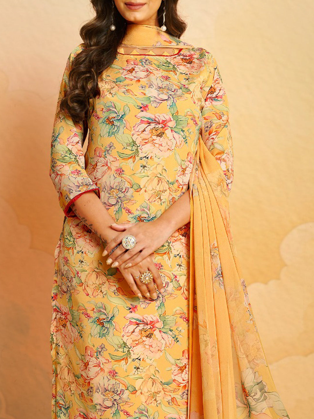 Printed Crepe Unstitched Suit With Pant &amp; Dupatta