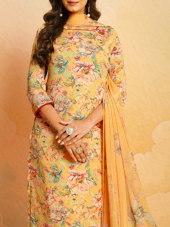 Printed Crepe Unstitched Suit With Pant &amp; Dupatta