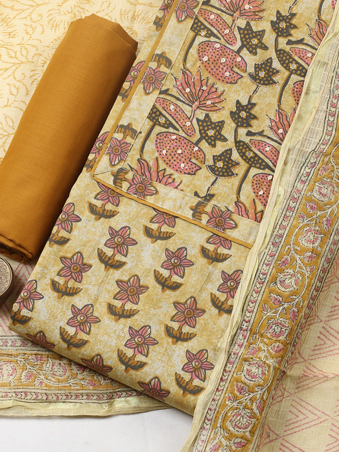 Printed Cotton Blend Unstitched Suit With Pant &amp; Dupatta