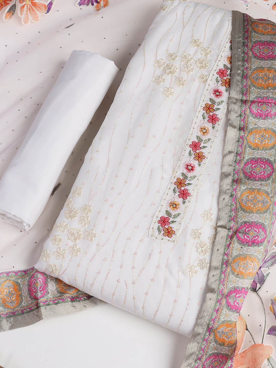 Embroidered Chinon Unstitched Suit With Dupatta