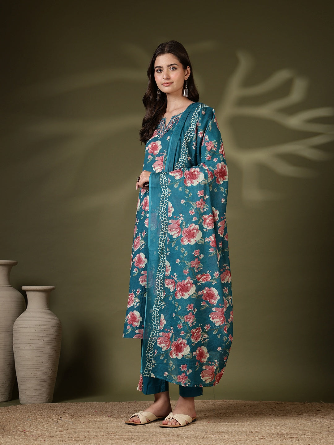 Printed Cotton Blend Kurta With Pant &amp; Dupatta