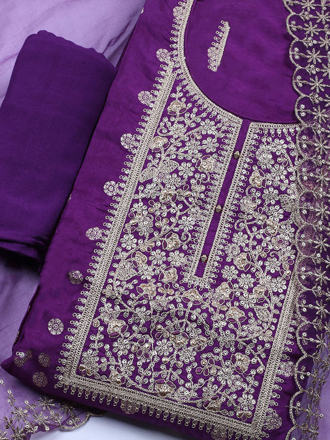 Neck Embroidered Chanderi Unstitched Suit With Dupatta