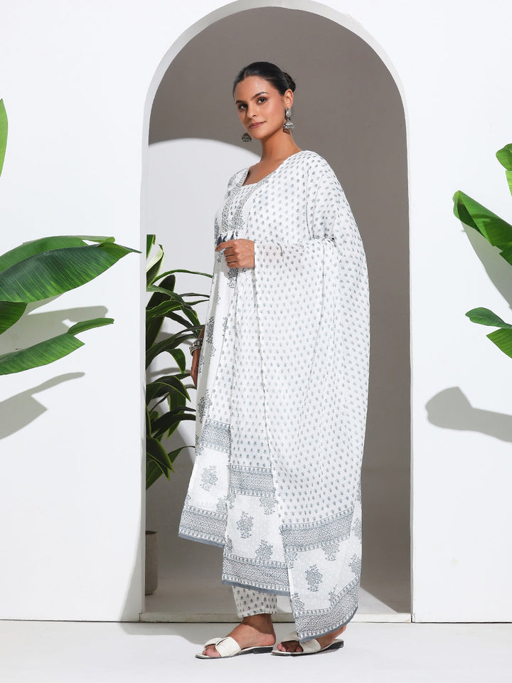 Printed Cotton Blend Kurta With Pant &amp; Dupatta