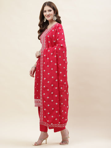 Resham Sequin Embroidered Art Silk Kurta With Pants & Dupatta