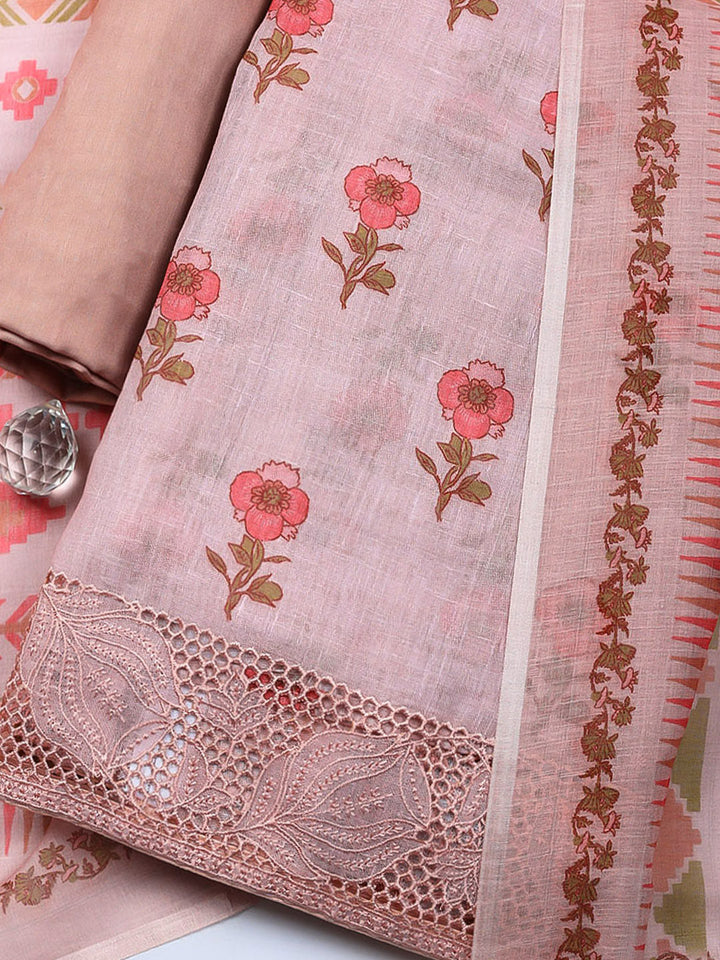 Embroidered Linen Blend Unstitched Suit With Pant &amp; Dupatta