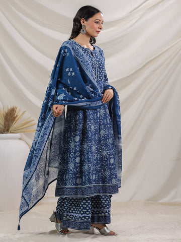 Floral Printed Cotton Blend Kurta With Palazzo & Dupatta