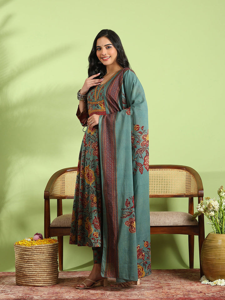 Printed Cotton Kurta With Pant &amp; Dupatta
