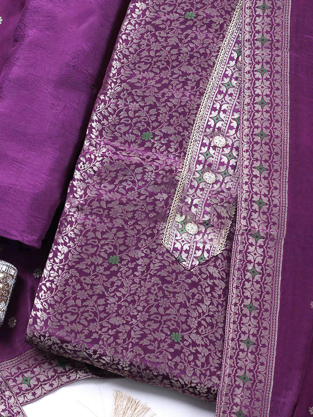Embroidered Chanderi Unstitched Suit With Pant &amp; Dupatta