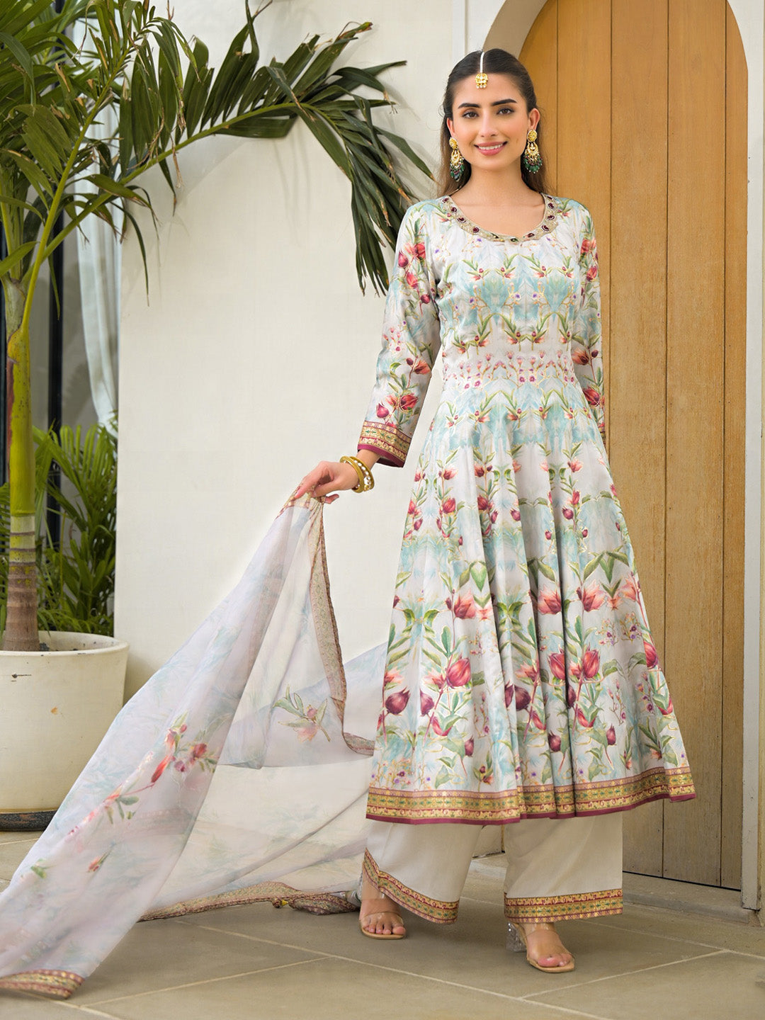 Embroidered Art Silk Kurta With Pant &amp; Dupatta