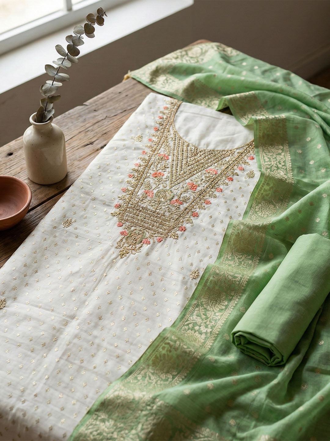 Embroidered Chanderi Unstitched Suit With Pant &amp; Dupatta