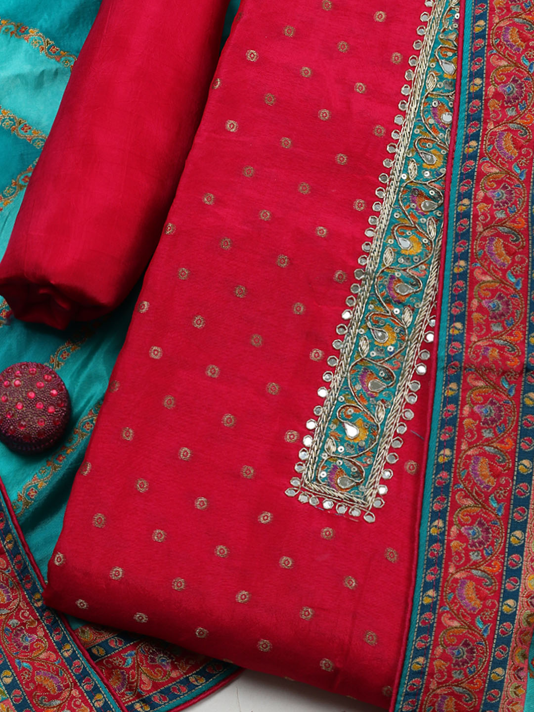 Embroidered Chanderi Unstitched Suit With Pant &amp; Dupatta