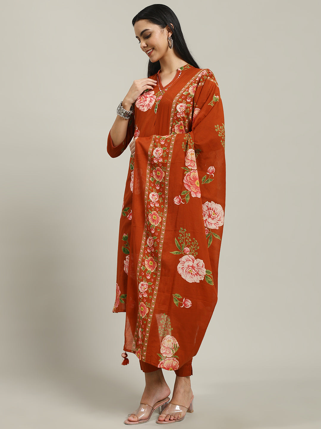 Printed Cotton Blend Kurta With Pants & Dupatta