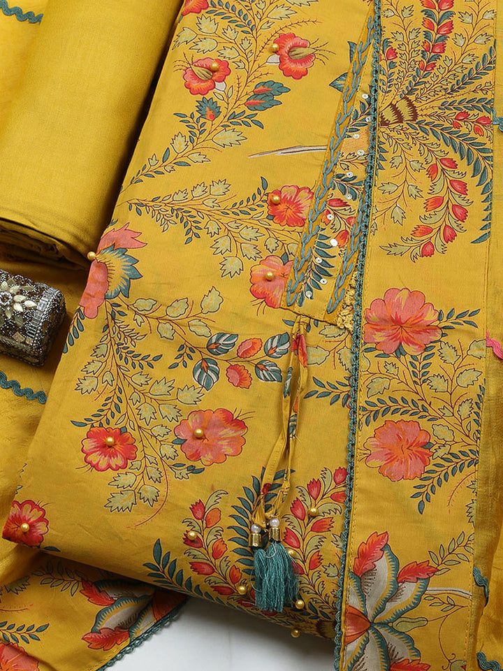 Embroidered Cotton Blend Unstitched Suit With Pant &amp; Dupatta
