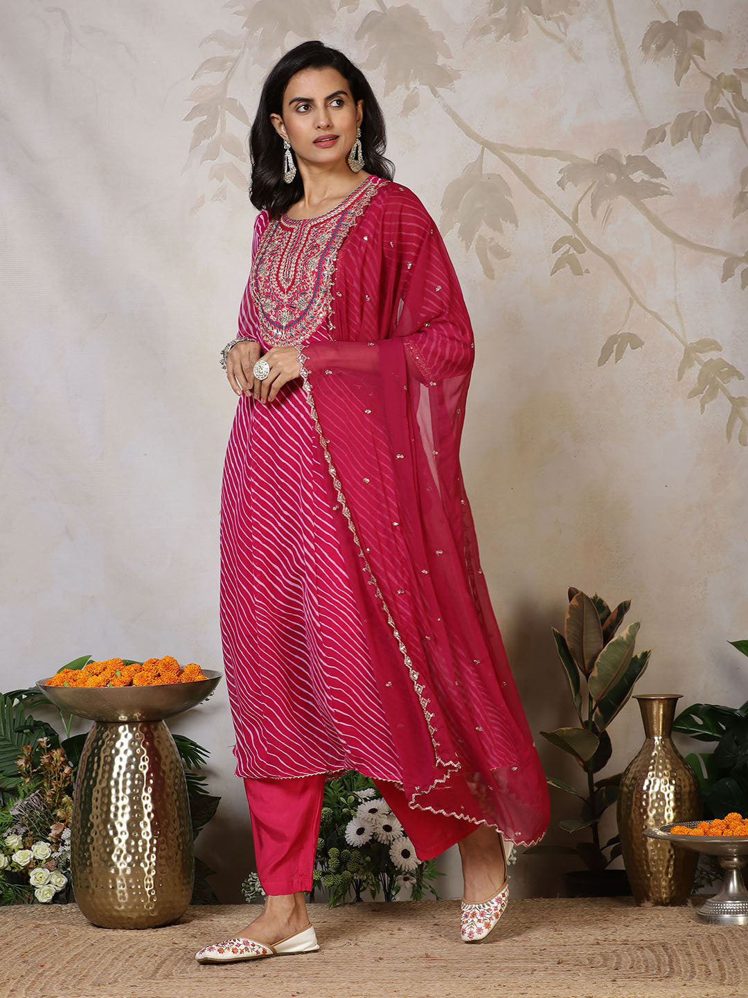 Embroidered Georgette Kurta With Pants &amp; Dupatta