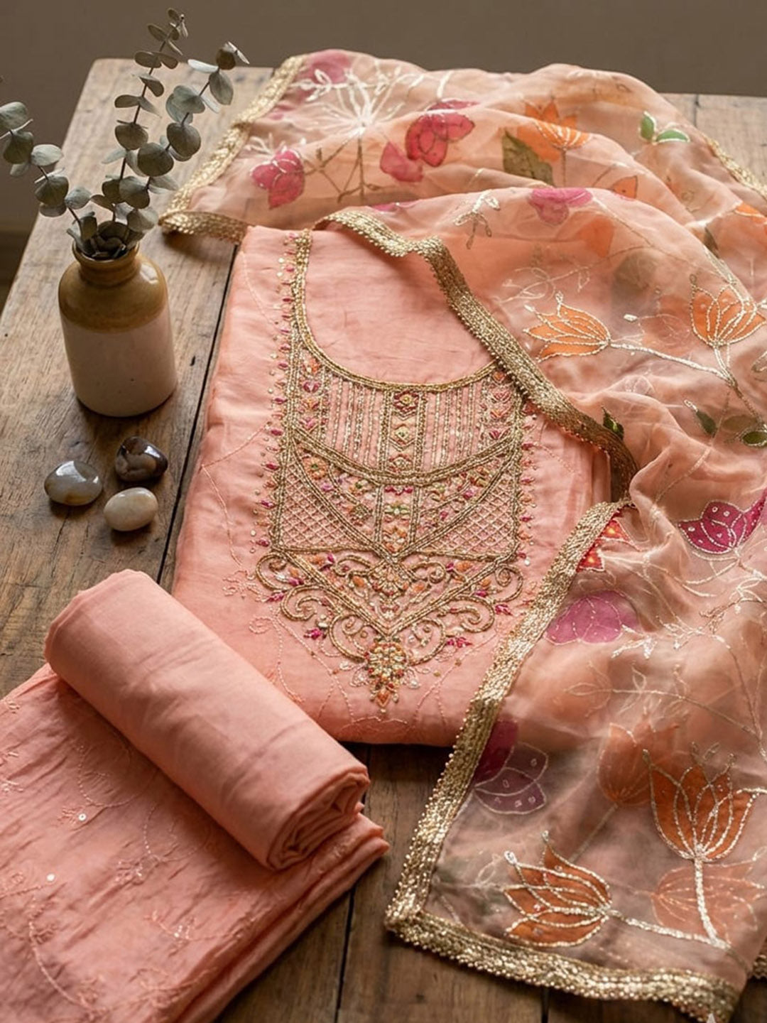 Embroidered Chanderi Unstitched Suit With Pant &amp; Dupatta