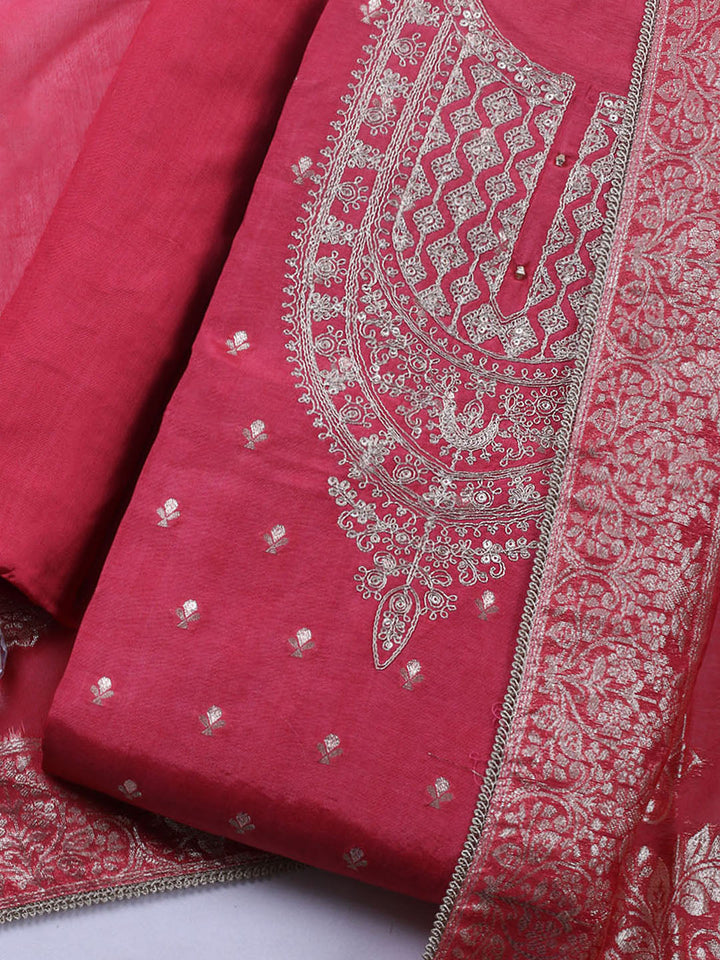 Embroidered Chanderi Unstitched Suit With Pant &amp; Dupatta