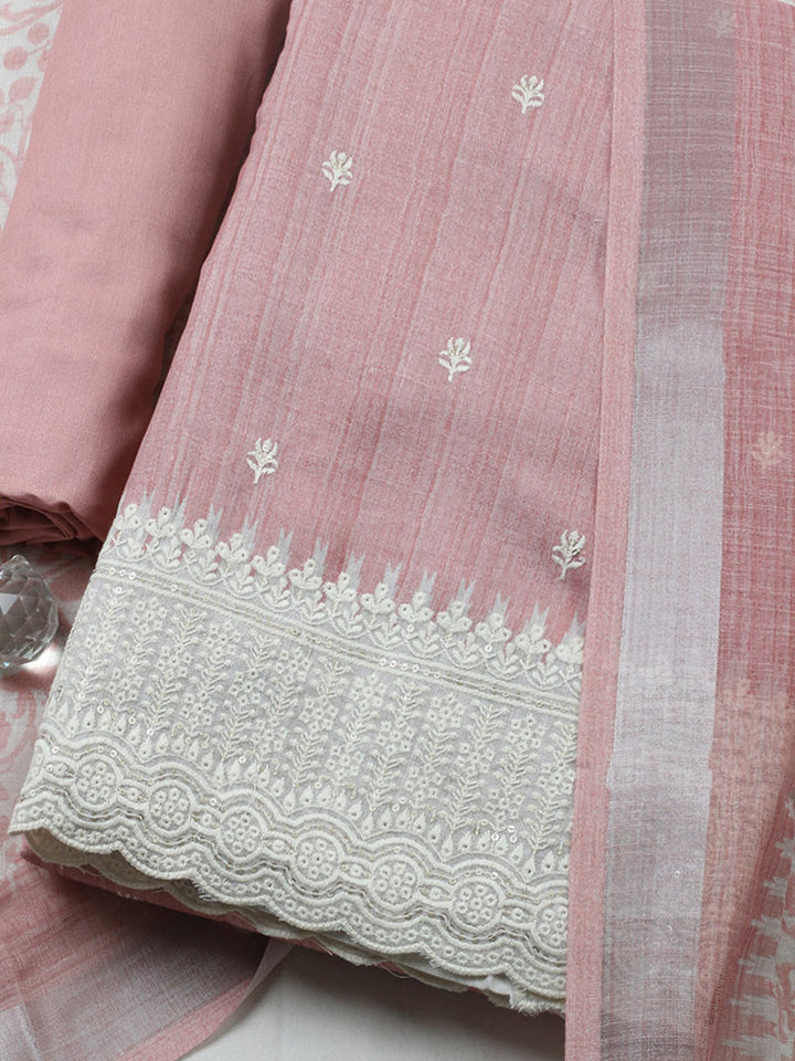 Embroidered Linen Blend Unstitched Suit With Pant &amp; Dupatta