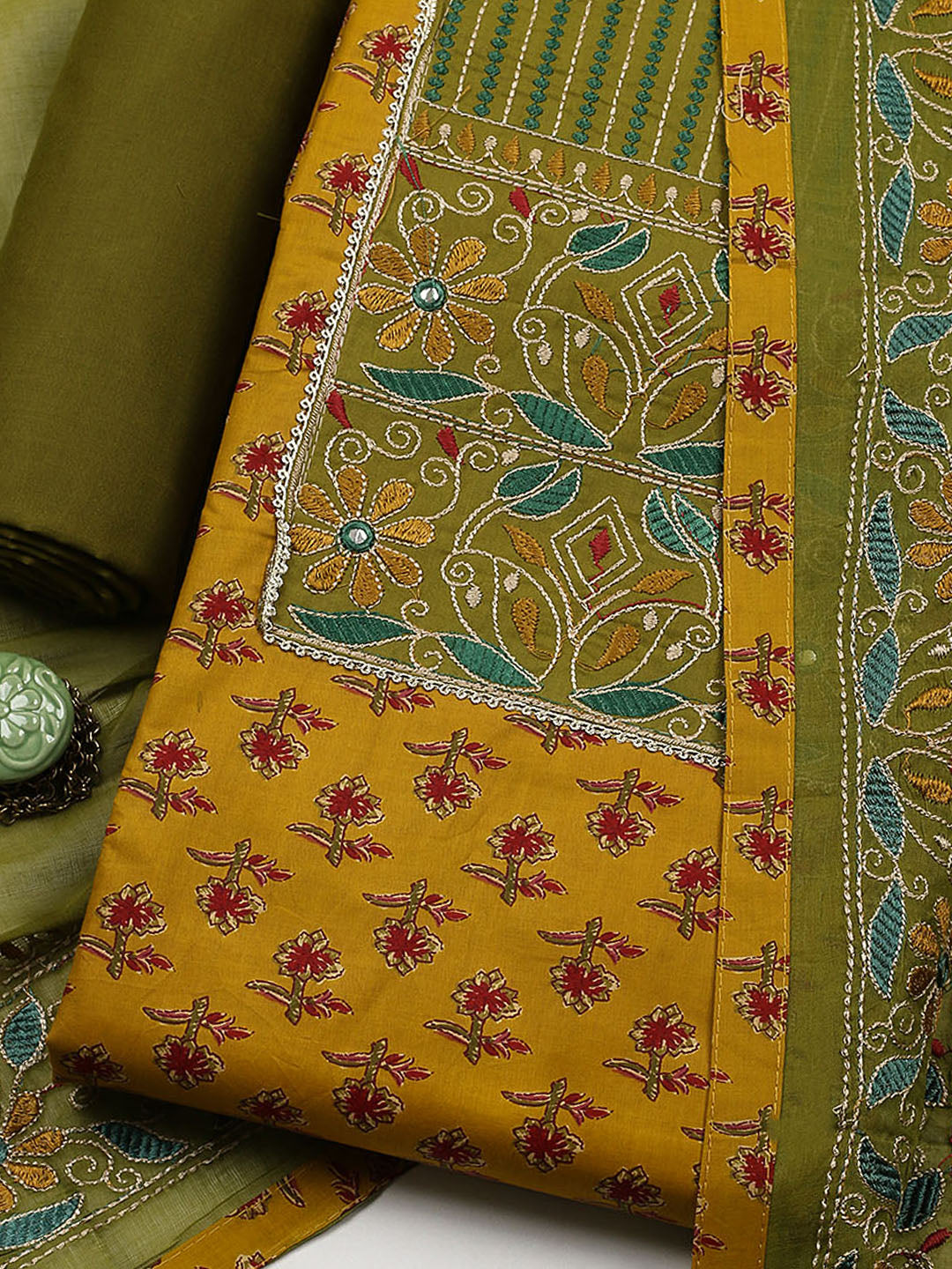 Embroidered Cotton Blend Unstitched Suit With Pant &amp; Dupatta
