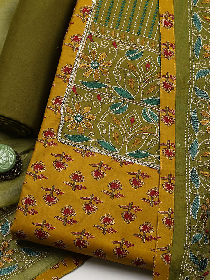 Embroidered Cotton Blend Unstitched Suit With Pant &amp; Dupatta