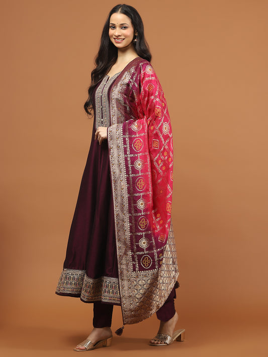 Zari Sequin Embroidery Art Silk Kurta With Pants & Dupatta