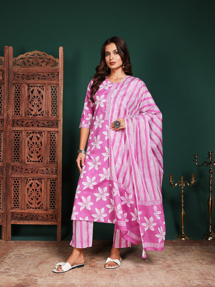 Printed Cotton Blend Kurta With Pant &amp; Dupatta