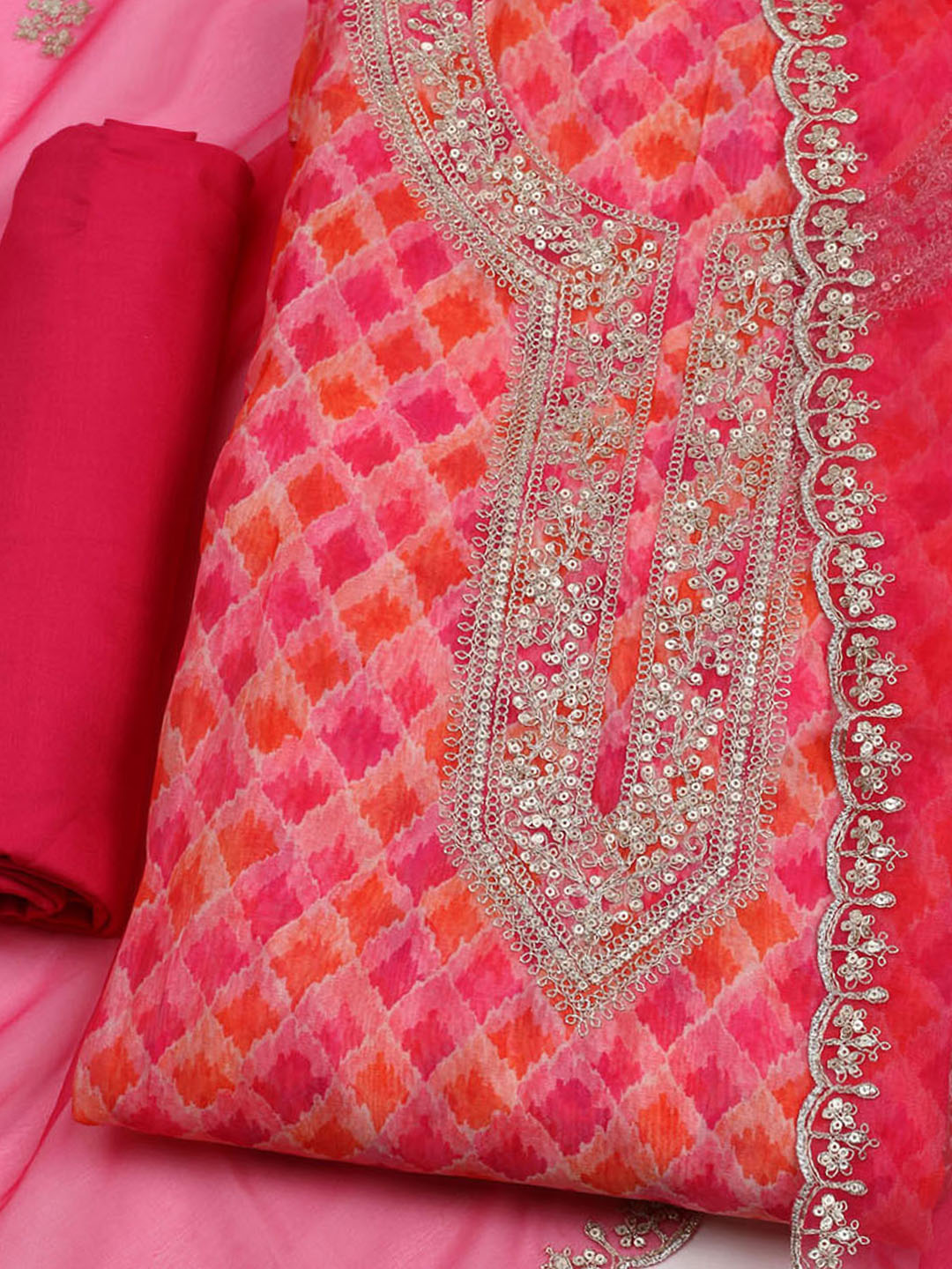 Neck Embroidered &amp; Printed Organza Unstitched Suit With Dupatta