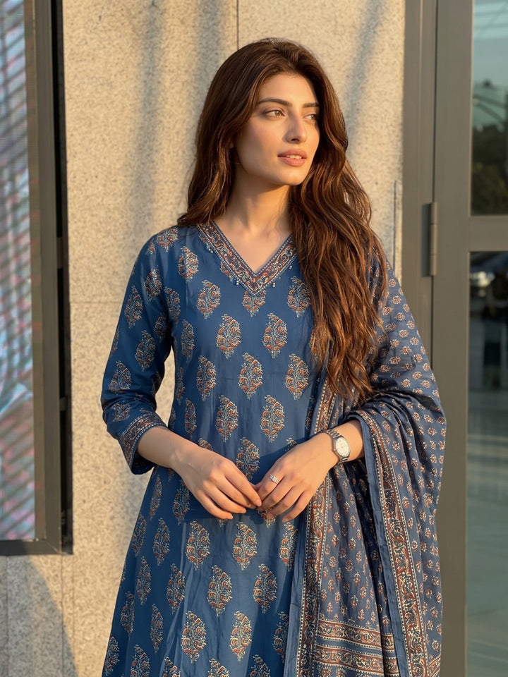 Blue Printed Cotton Blend Kurta With Pant &amp; Dupatta