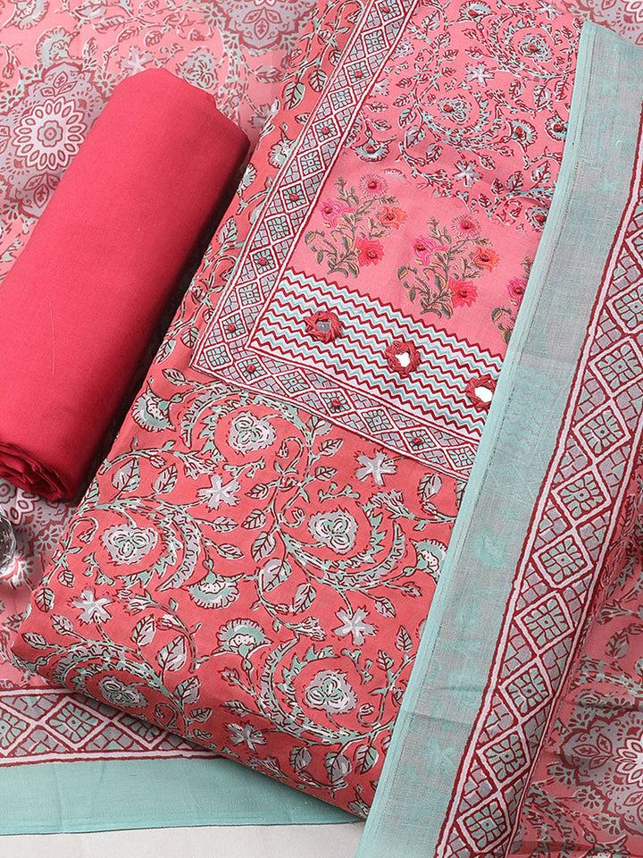 Printed Cotton Blend Unstitched Suit With Pant &amp; Dupatta
