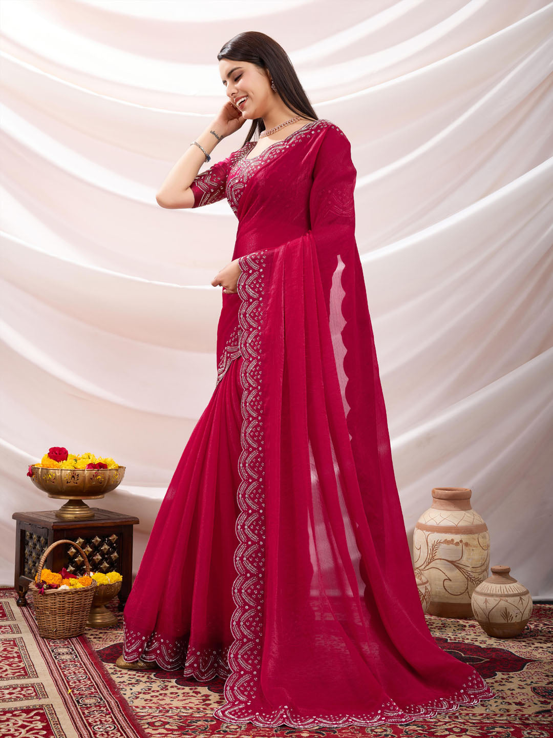 Embroidered Satin Velvet Saree