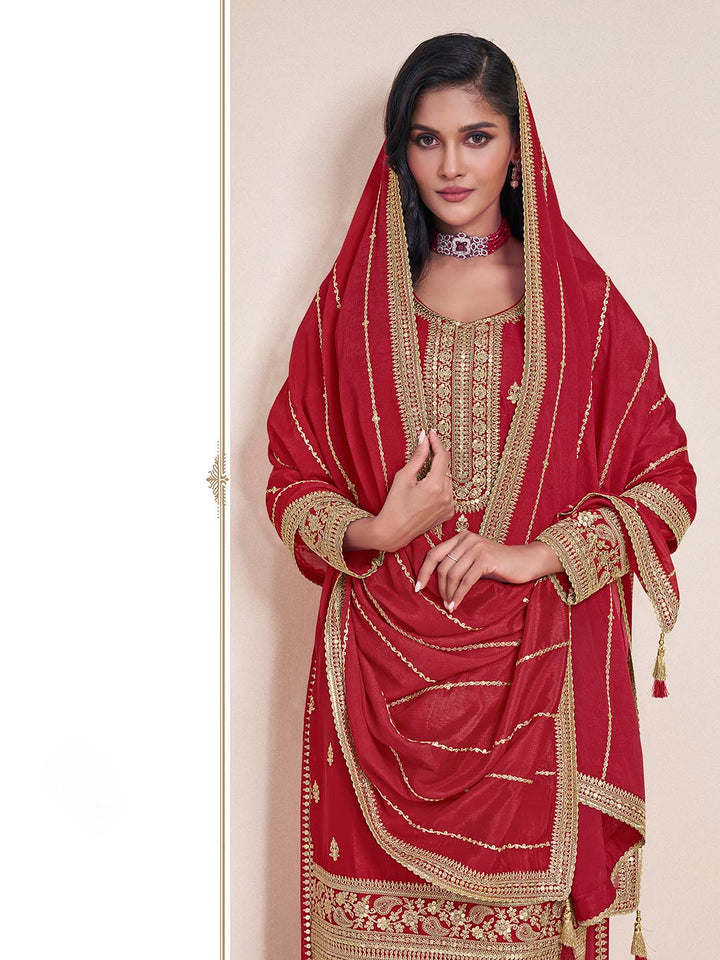 Embroidered Chinon Unstitched Suit With Pant &amp; Dupatta