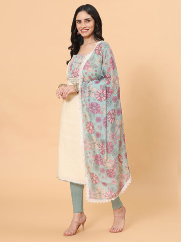 Neck Embroidered Cotton Blend Unstitched Suit Piece With Dupatta