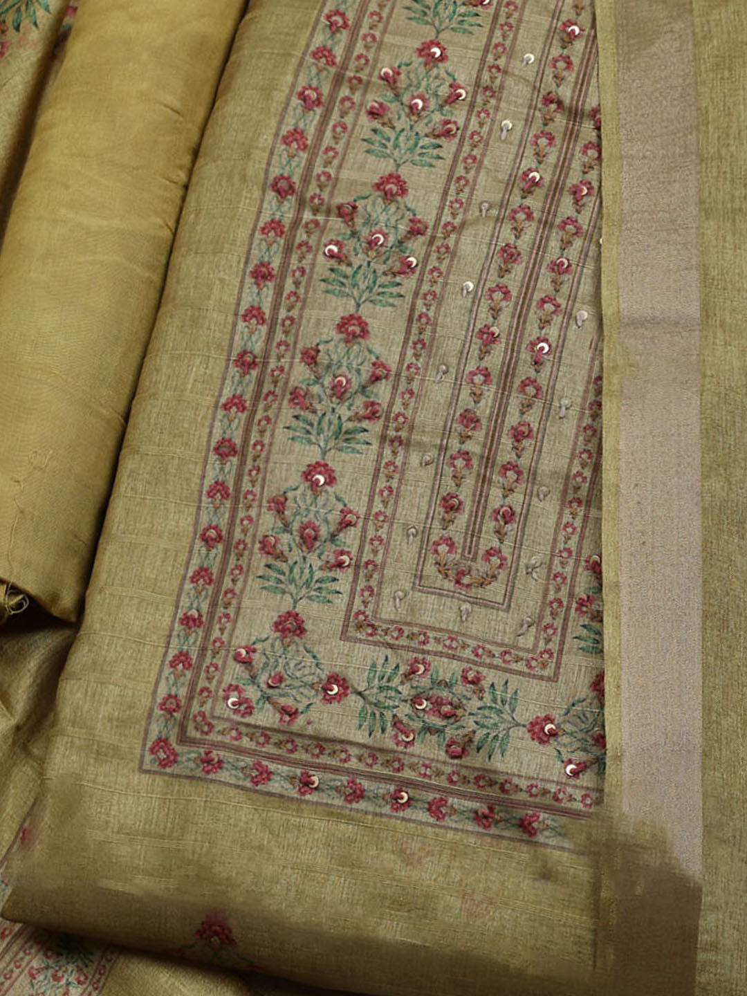 Embroidered Art Silk Unstitched Suit With Dupatta