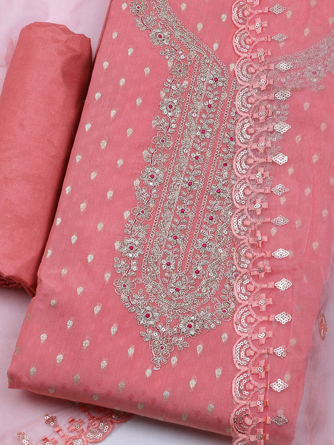 Neck Embroidered Chanderi Unstitched Suit With Dupatta