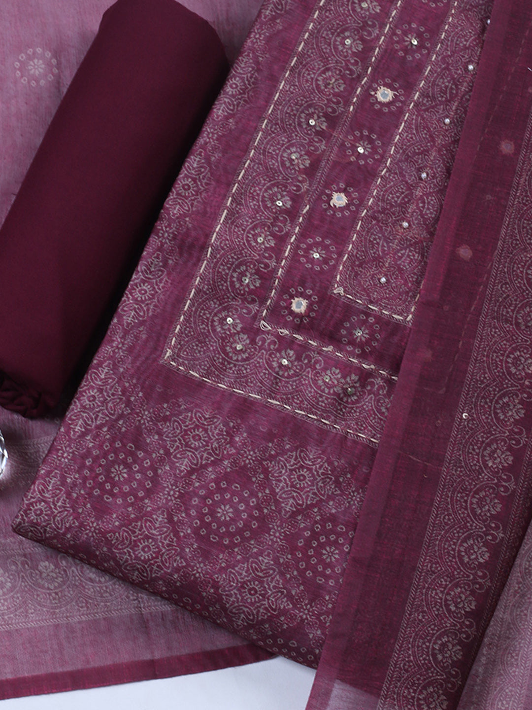 Embroidered Linen Blend Unstitched Suit With Pant &amp; Dupatta