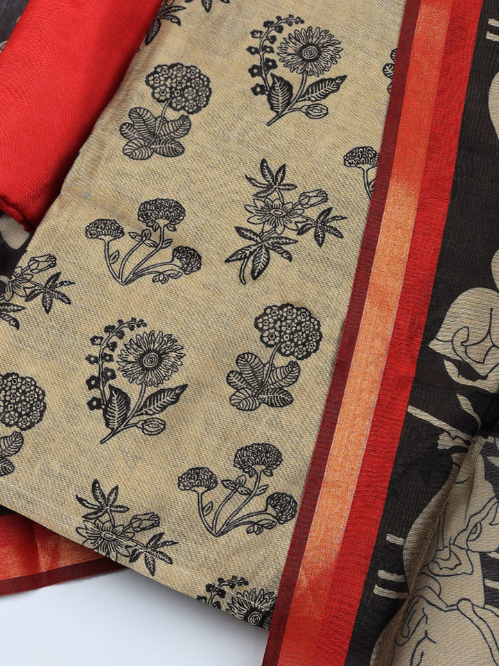 Printed Chanderi Unstitched Suit With Pant &amp; Dupatta