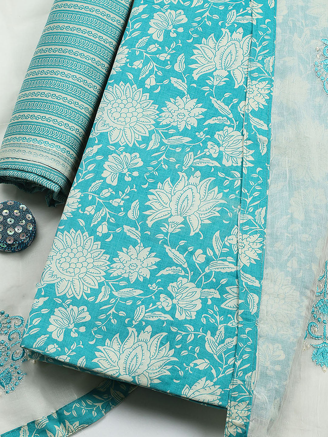 Printed Cotton Blend Unstitched Suit With Pant &amp; Dupatta