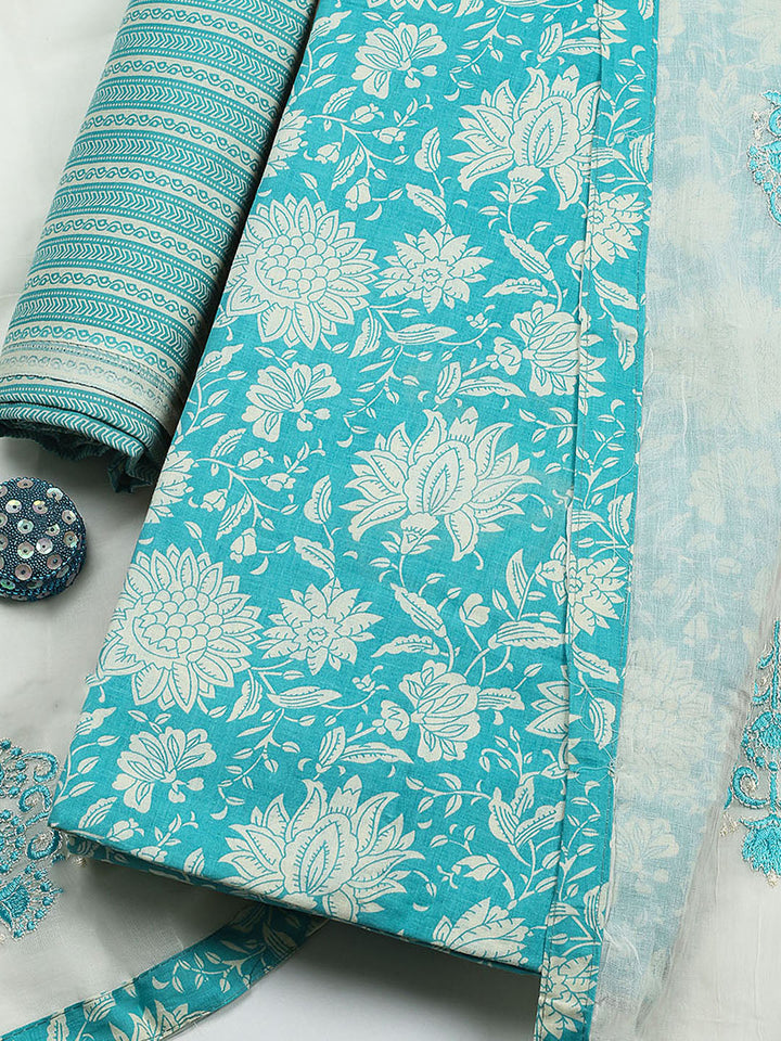 Printed Cotton Blend Unstitched Suit With Pant &amp; Dupatta
