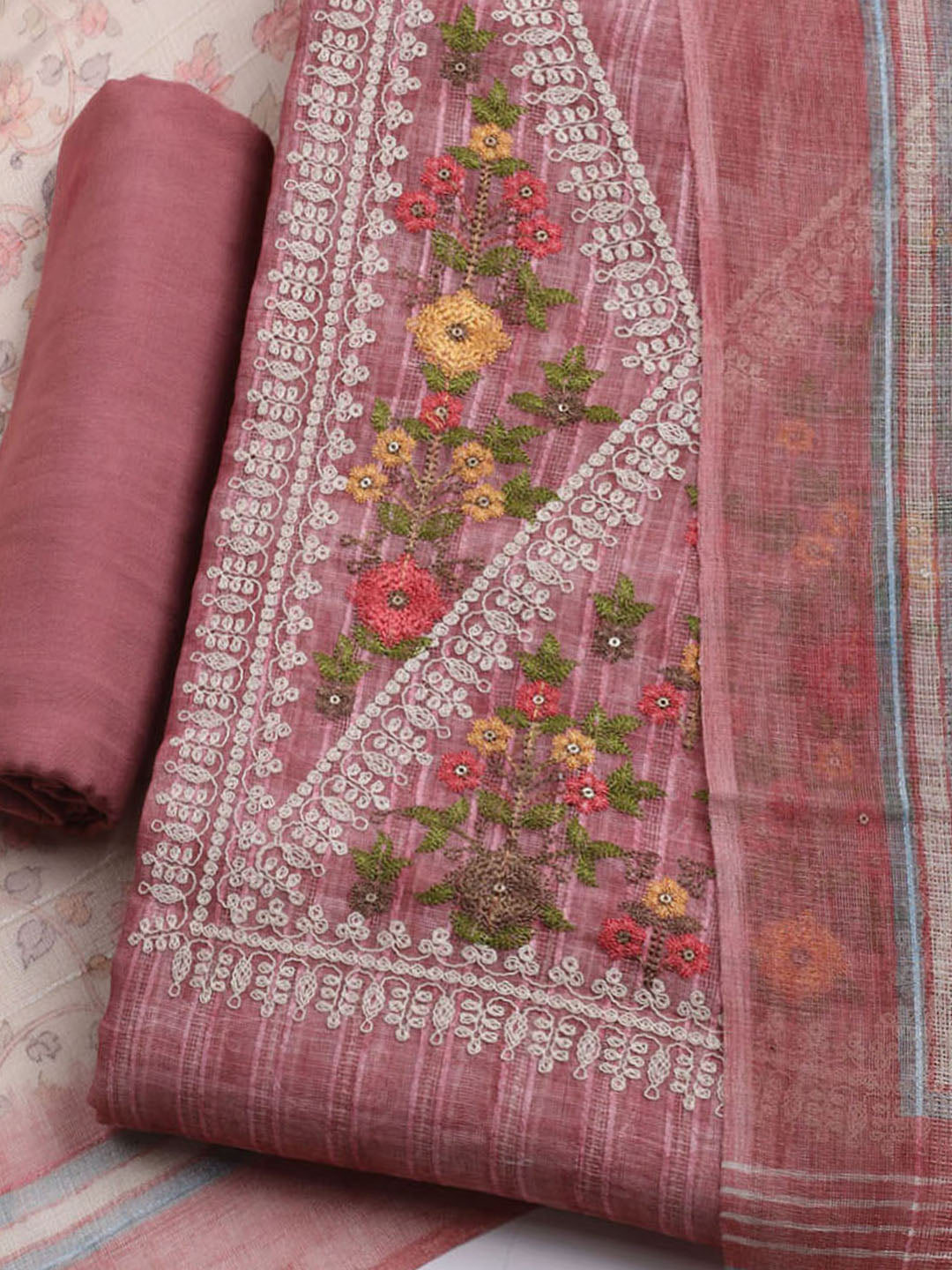 Embroidered Linen Unstitched Kurta With Pant & Dupatta