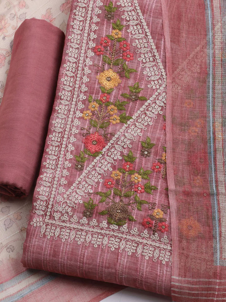 Embroidered Linen Unstitched Kurta With Pant &amp; Dupatta