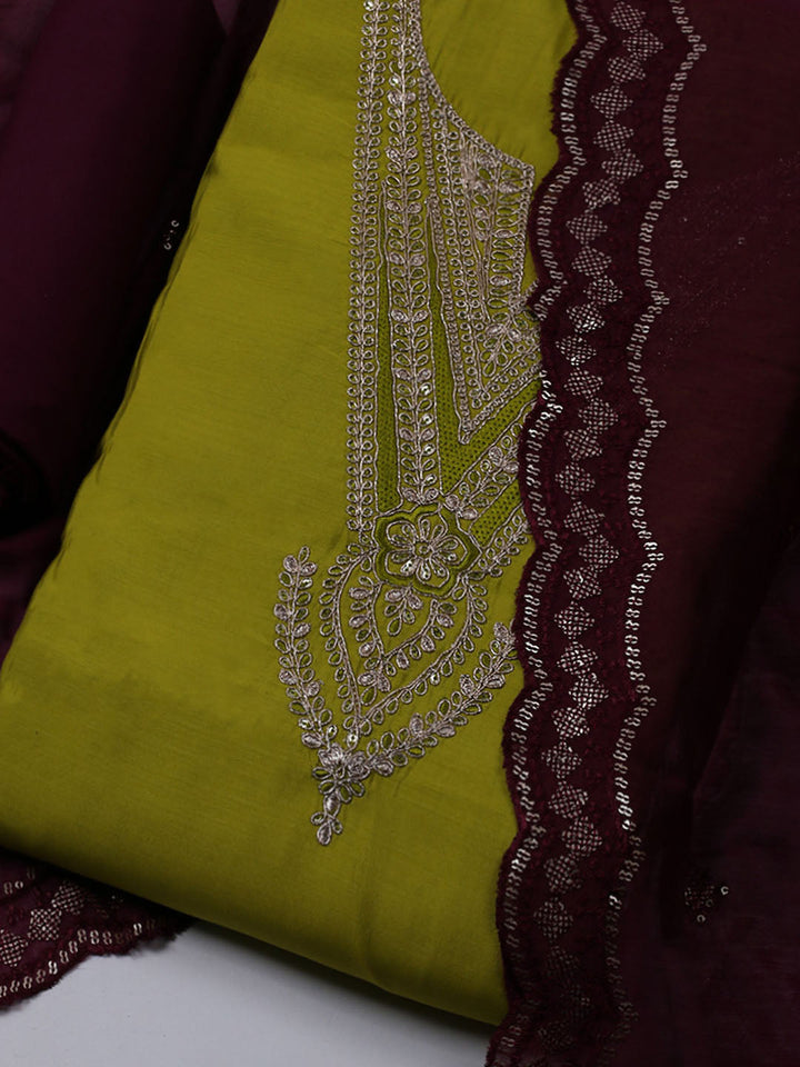 Neck Embroidered Chanderi Unstitched Suit With Dupatta