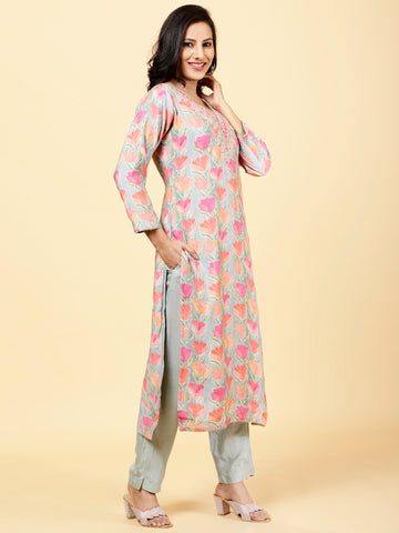 Floral Printed Cotton Kurta With Pants & Dupatta