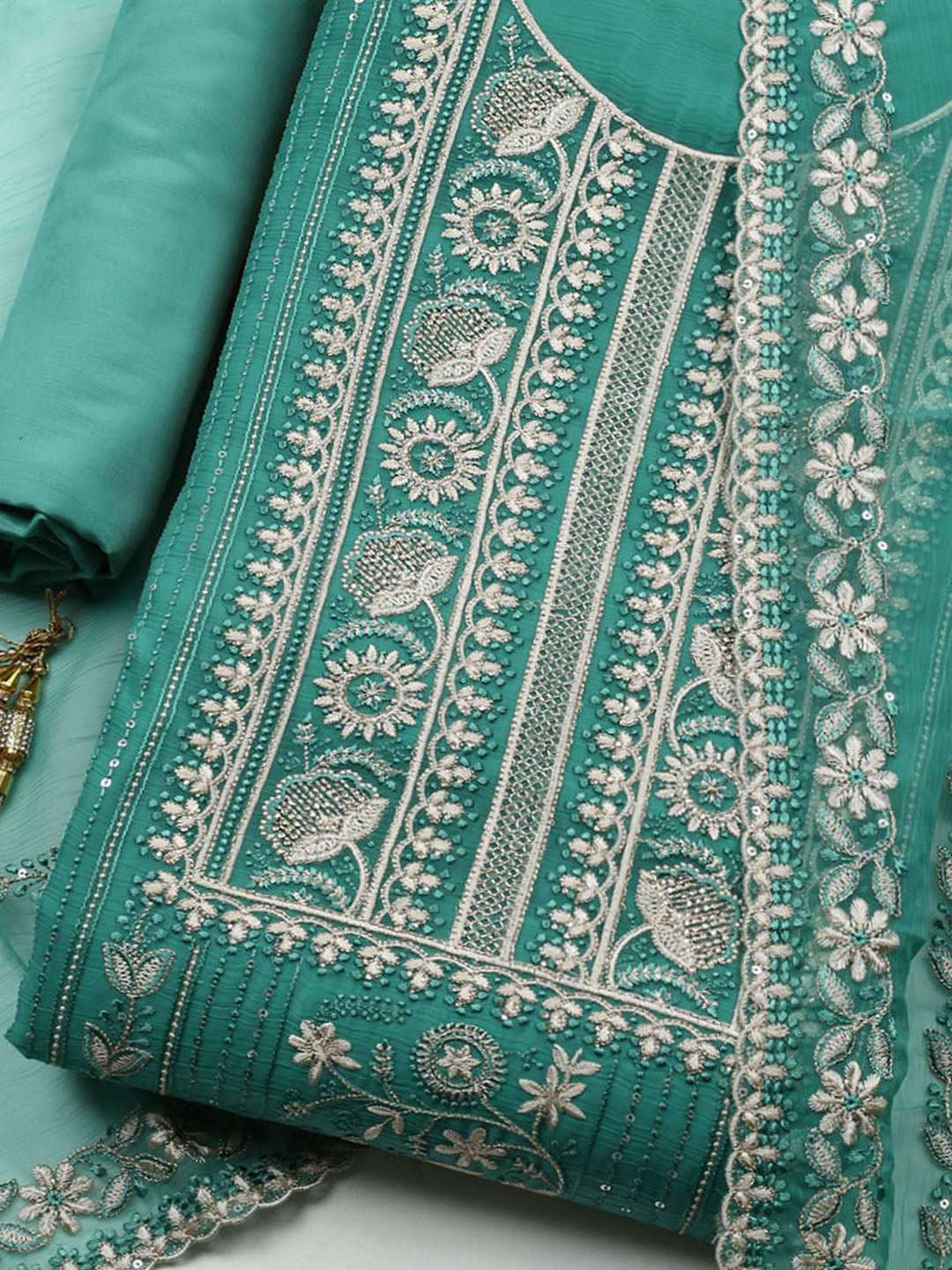 Embroidered Organza Unstitched Suit With Pant &amp; Dupatta