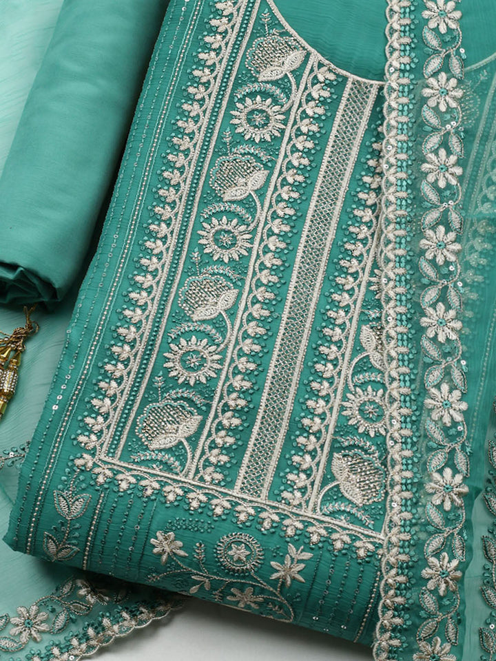 Embroidered Organza Unstitched Suit With Pant &amp; Dupatta