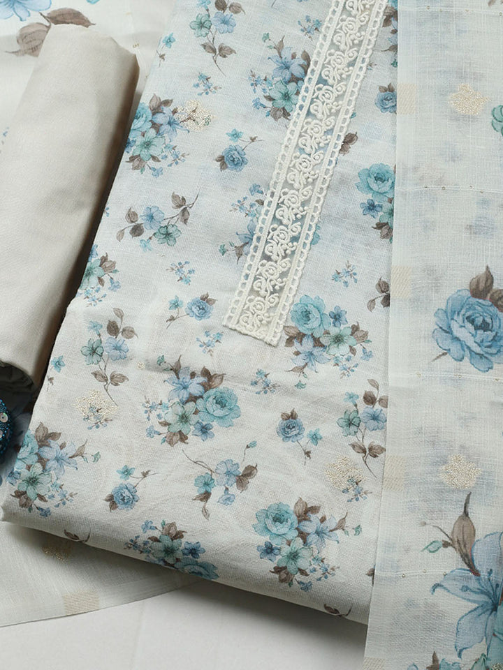 Embroidered Linen Blend Unstitched Suit With Pant &amp; Dupatta