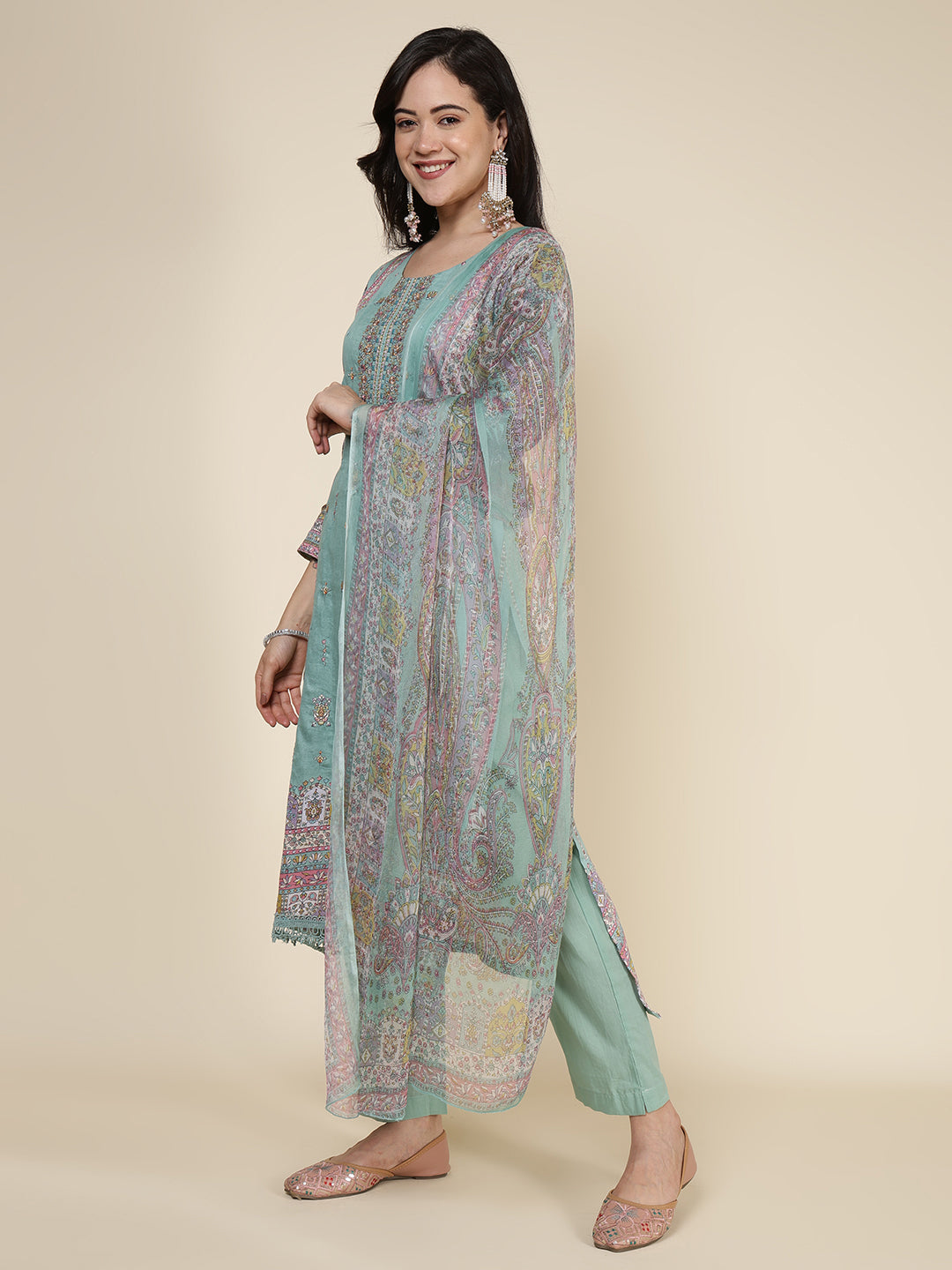 Printed Cotton Blend Kurta With Pants & Dupatta