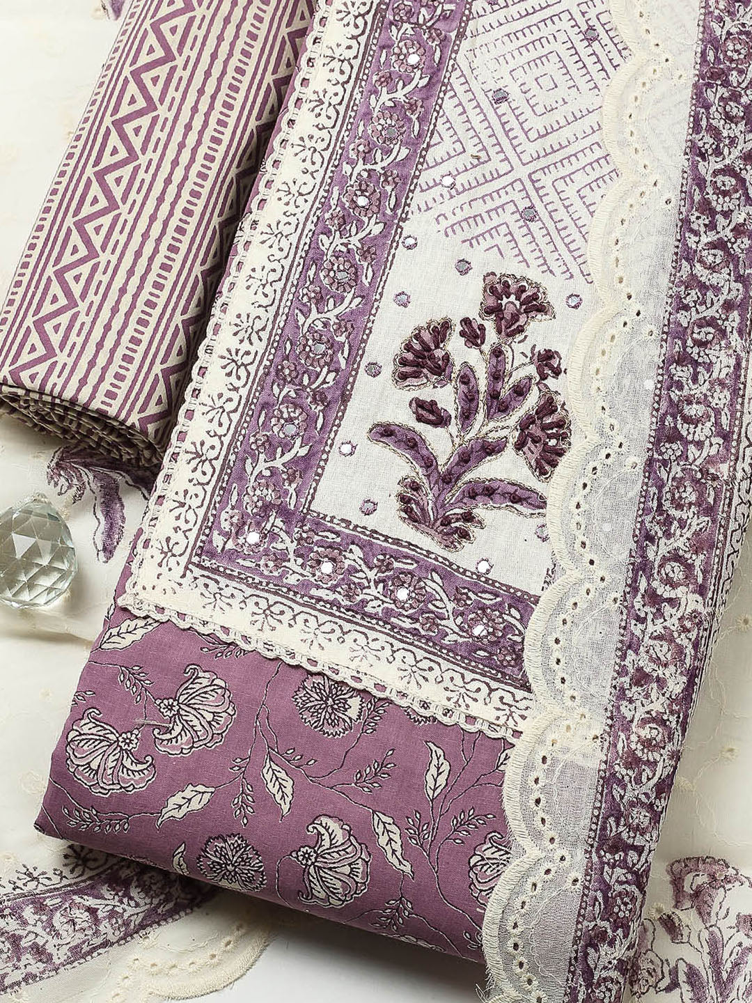 Printed Cotton Blend Unstitched Suit With Pant &amp; Dupatta